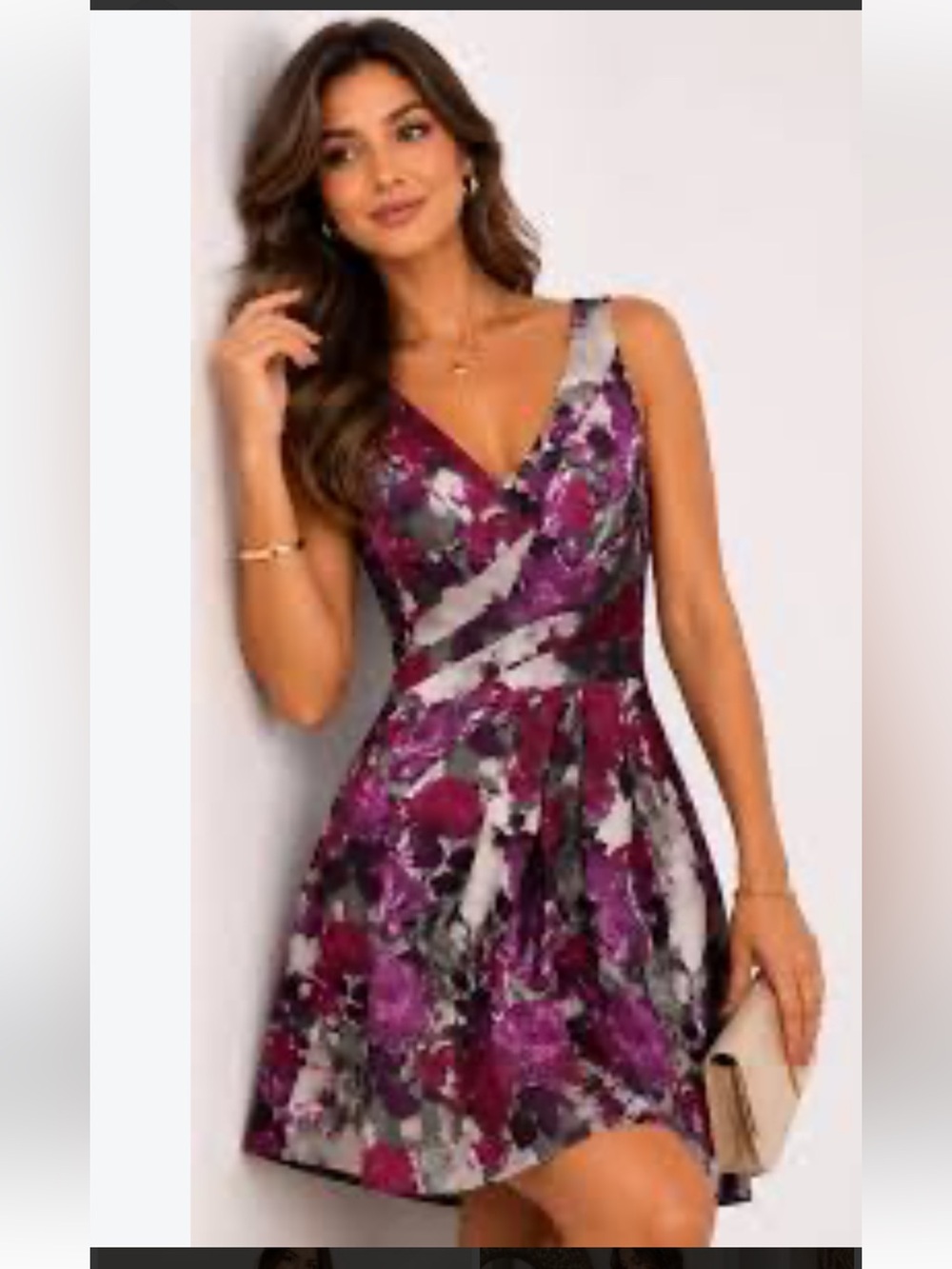 NWT White House Black Market Floral Fit & Flare Dress Berry/Gray V-Neck Size 8